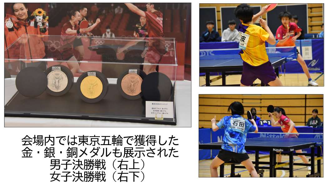 会場内では東京五輪で獲得した金・銀・銅メダルも展示された　男子決勝戦（右上）女子決勝戦（右下）